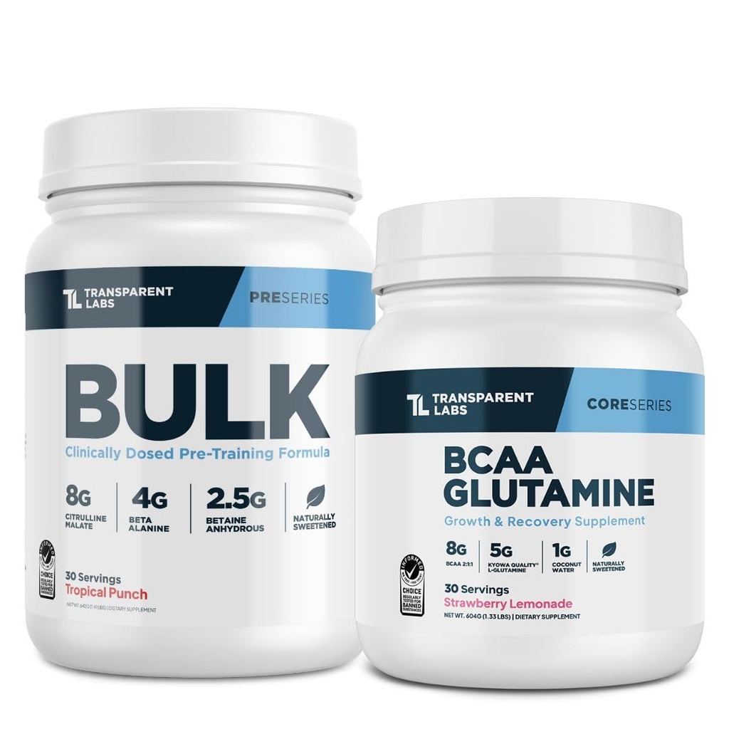 투명한 실험실 대량 전 운동 (30 서빙, 열대 펀치) & BCAA 글루타민 (30 서빙, 딸기 Lemonade)