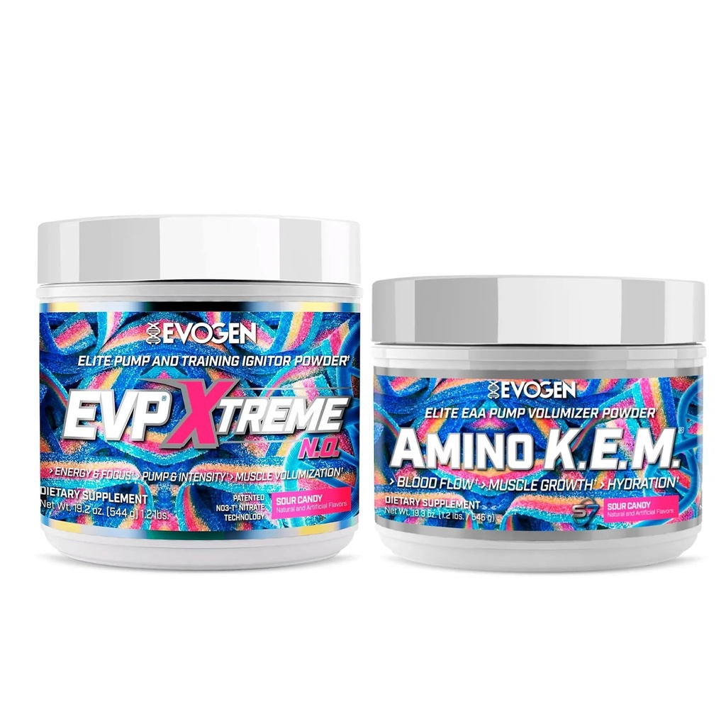 Evogen EVP Xtreme NO Amino K.E.M. 번들 – 전 운동 분말 & EAA/BCAA 펌프 Volumizer 근육 성장, 수 분 및 성능 | Sour Candy