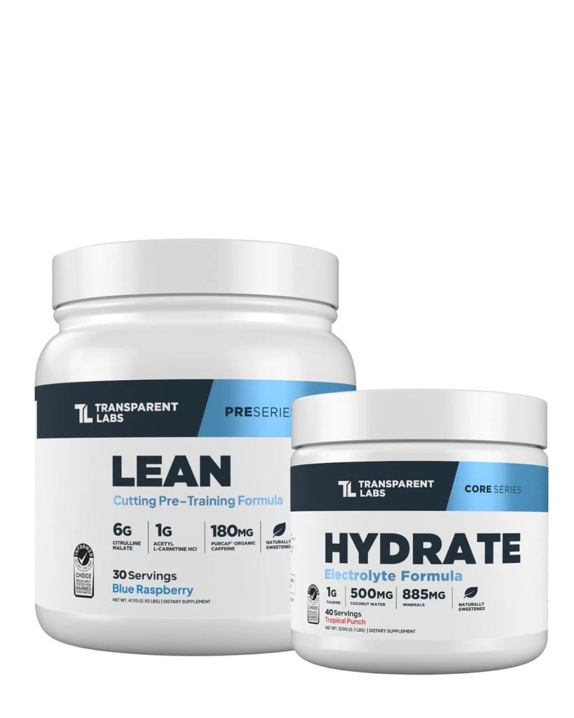 투명 연구소 Lean Pre-Workout (30 서빙, 블루 라즈베리) & Hydrate 전해질 분말 (40 서빙, 열대 펀치)