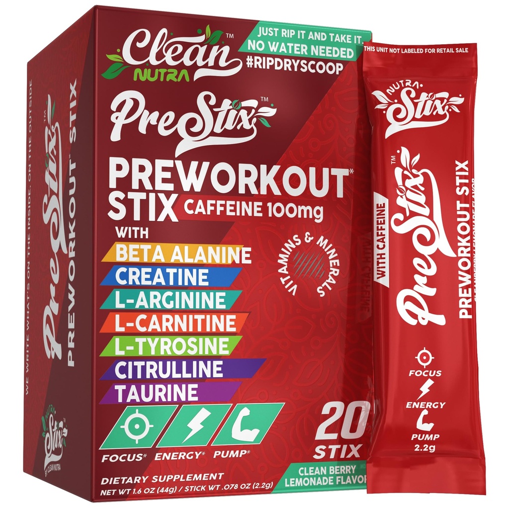 Clean Nutraceuticals Pre 운동 분말 에너지 스틱 - 카페인 100mg, 에너지 음료 혼합, 크레아틴 Monohydrate, Beta Alanine, L-Citrulline, L-Tyrosine, L-Carnitine, Electrolyte Hydration Packets 20 Ct