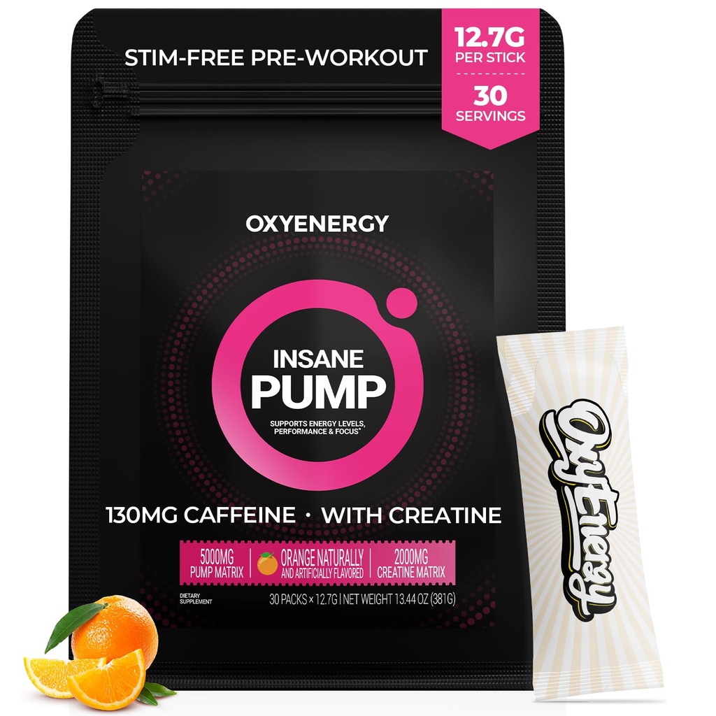 OxyEnergy Pre 운동 분말 -Orange, Non Stim 130mg Low Caffeine, Beta Alanine, Creatine Monohydrate & Taurine for Sensitive Users, Women, Evening Workout - 30 서빙
