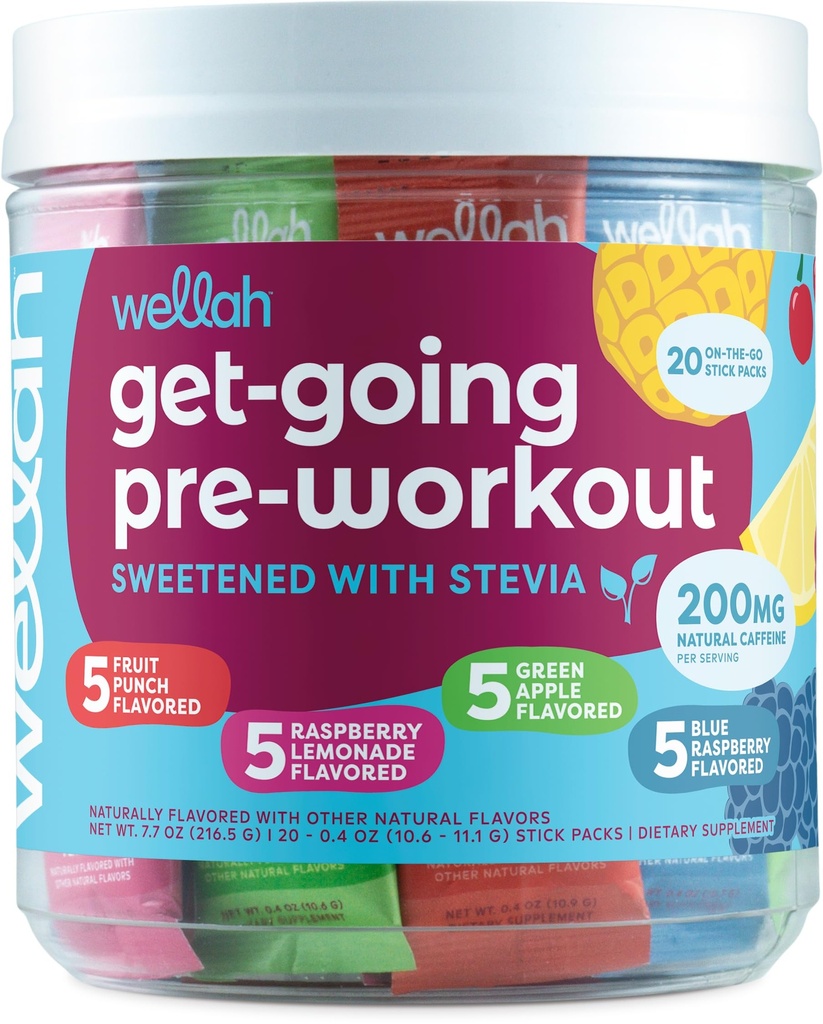 Wellah Get-Going Pre-Workout Variety Pack (20 스틱 팩) - 200mg 천연 카페인, Citrulline Malate 및 L-Theanine, 및 베타 알라닌의 1000mg