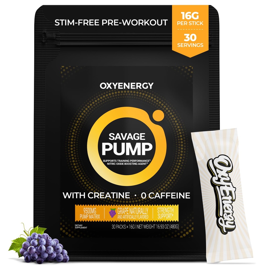 OxyEnergy Nitric 산화물 승압기, Max Pump Non Stim Pre Workout Powder for Men, Beta Alanine, L Citrulline, 순환, 근육 펌프, 내구시간, 포도, On-The-Go Packet- 30 서빙