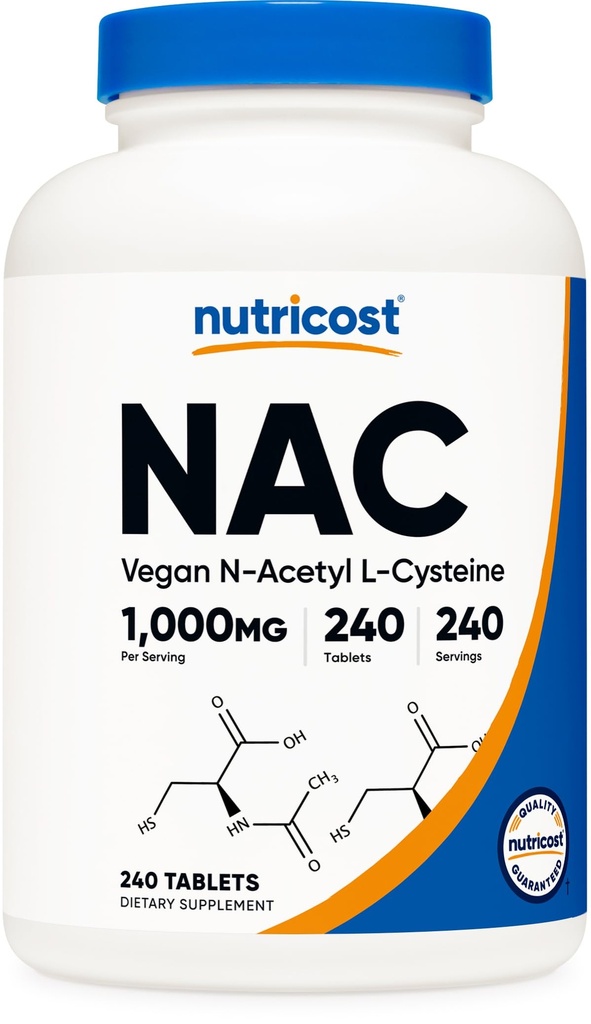 Nutricost N-Acetyl L-Cysteine (NAC) 1000 mg, 240 Vegan 정제 - GMO 무료, 글루텐 무료, 채식 보충교재