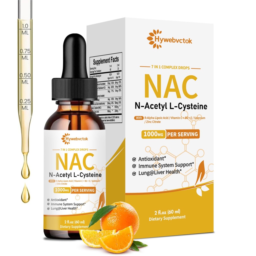 액체 NAC 드롭 1000 MG, NAC 보충 N-Acetyl Cysteine R-Alpha Lipoic 산, 아이 & 성인, 면역 및 산화 방지제 지원, 간결 건강, 오렌지 맛, 0 설탕, 2FL OZ에 대한 NAC