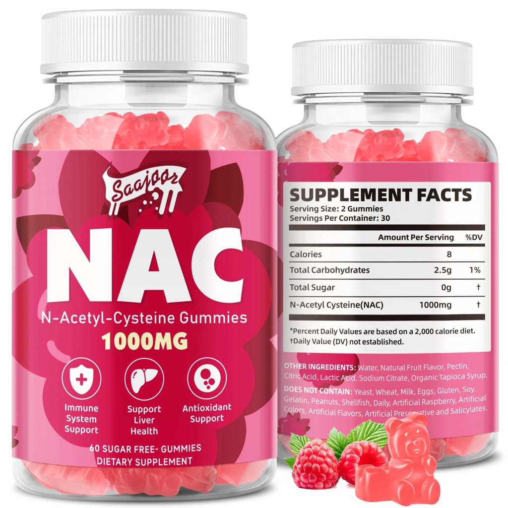 NAC Gummies Sugar-Free, N-Acetyl Cysteine NAC 보충 1000mg 항 산화제, 면역 지원, 비 GMO, 글루텐 프리, Vegan – 라즈베리 맛, 60 구미