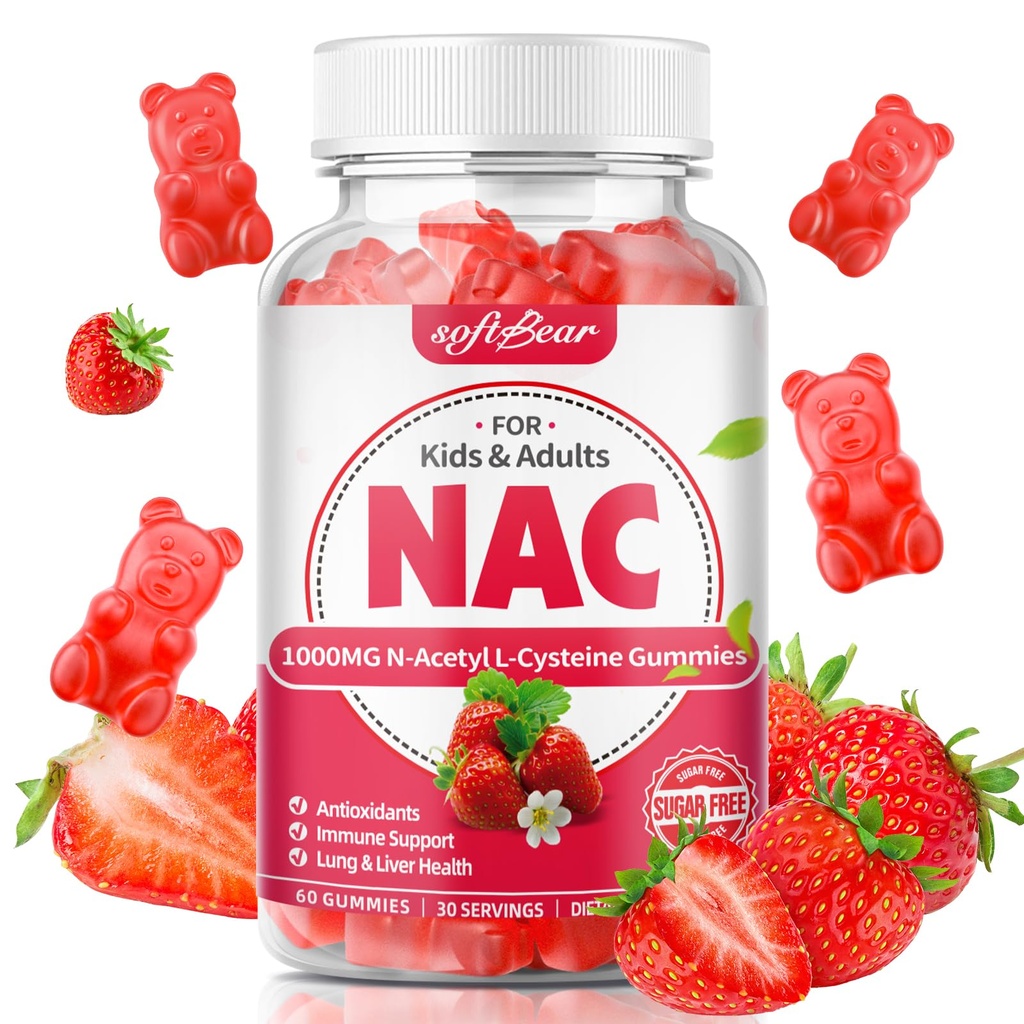 아이 & 성인을 위한 softbear NAC Gummies, NAC 보충교재 1000mg N Acetyl Cysteine 지원 Lung & 간 건강, 산화 방지제 & 면역 체계, 딸기 풍미 60 조사