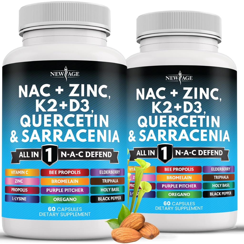 비타민 D3, K2, 아연, Quercetin, Triphala, Sarracenia Purpurea, Elderberry, Holy Basil, Bee Propolis, Bromelain, L-Lysine - 120 조사를 가진 새로운 나이 NAC 보충교재 N 아세틸 Cysteine-