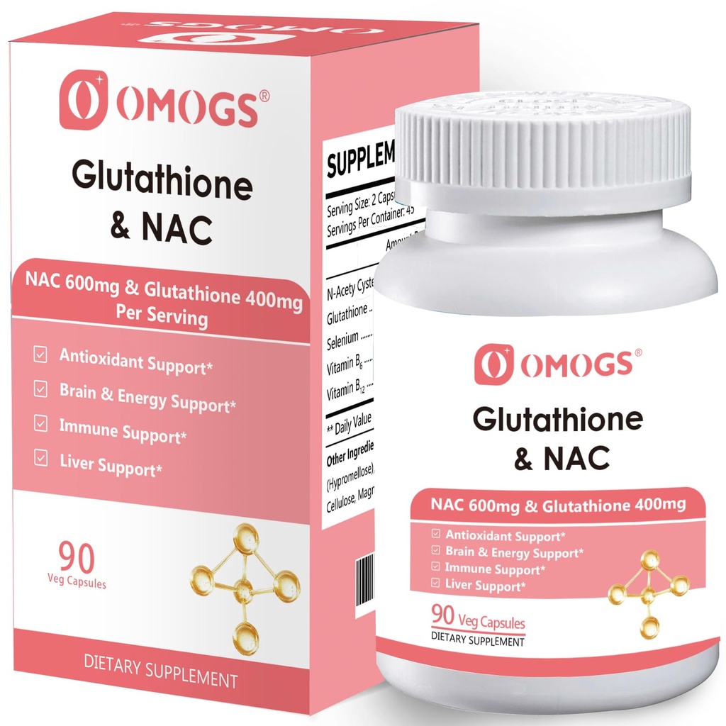 OMOGS Glutathione & NAC 보충교재, vtamin B & 셀렌과 더불어, 지원 Liver 건강, 세포질, 산화 방지제, 에너지 생산 & 면역성이 있는, Vegan & 글루텐 자유로운, 90 Veg 캡슐.