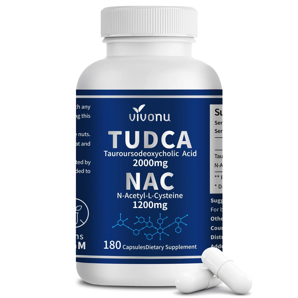 VivoNu TUDCA 2000mg + NAC 1200mg 보충교재 복잡한 캡슐, 강력한 TUDCA Bile 소금 + N Acetyl Cysteine, 간결 & Lung& Gallbladder 정화를 위한 산화 방지제 보충교재, 소화 - 180의 캡슐
