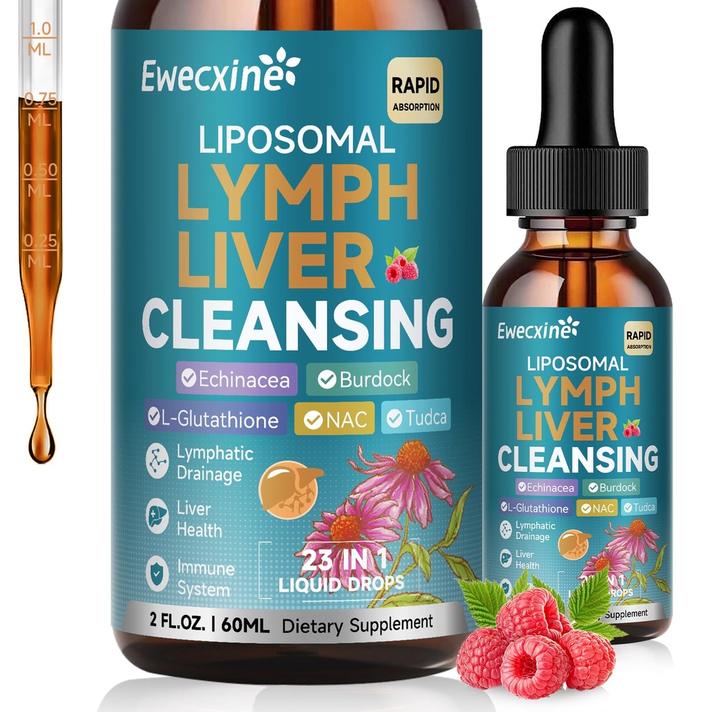 Liposomal 림프 배수장치 & 간결한 하락, Echinacea, NAC, TUDCA, L 글루타티온, 림프를 위한 Burdock, 간 해독 & 수선, 면역 지원, 라즈베리 풍미, 2개의 fl oz 보충교재를 가진 23에서 1