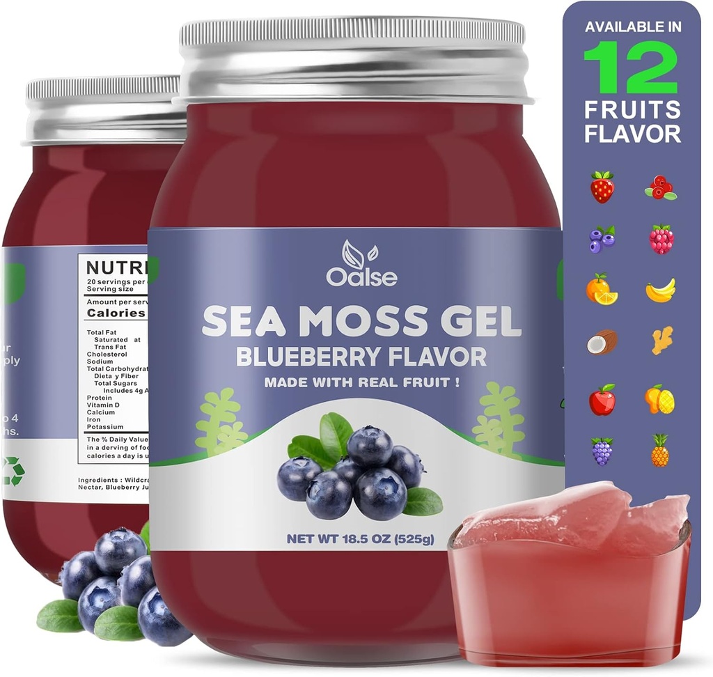 Sea Moss Gel - 18.5oz 블루 베리 맛 미네랄, 단백질 및 비타민, Vegan-Friendly, 2 큰 술 매일