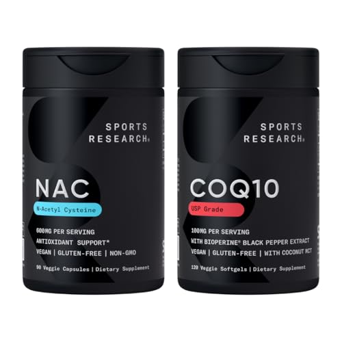 스포츠 연구® 산화 방지제 지원 팩 - N-Acetyl L-Cysteine (NAC) 600mg, CoQ10 100mg는 w/Coconut 기름 & Bioperine - Vegan · 비 GMO · 글루텐 자유로운을 강화했습니다