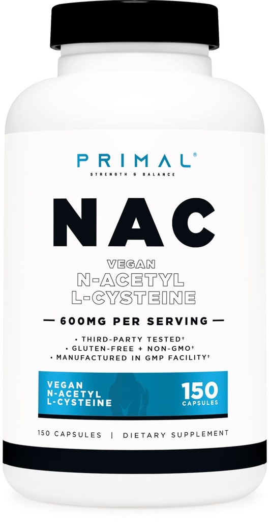 Primal N-Acetyl L-Cysteine (NAC) 600mg, 150 캡슐 - Vegan N-Acetyl L-Cysteine 보충교재, GMO 자유로운, 글루텐 자유로운