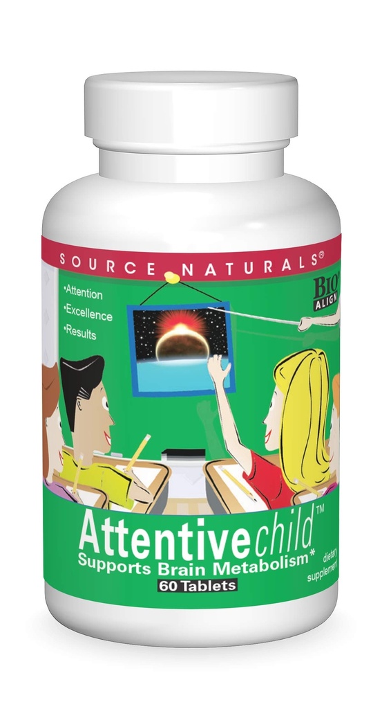 Source Naturals Attentive Child - 활성 어린이를위한 건강한 인지 영양소 - DMAE, 마그네슘, 아연 및 포도 씨앗 추출물과 향상된 초점 및 관심 - 60 정제