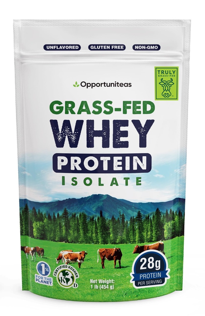 Opportuniteas 잔디 Fed Whey Isolate Protein Powder – Unflavored, Heavy-Metal Tested, 28g Protein, 아일랜드, 호르몬 무료, Non-GMO, 미국 패키지 – 1lb
