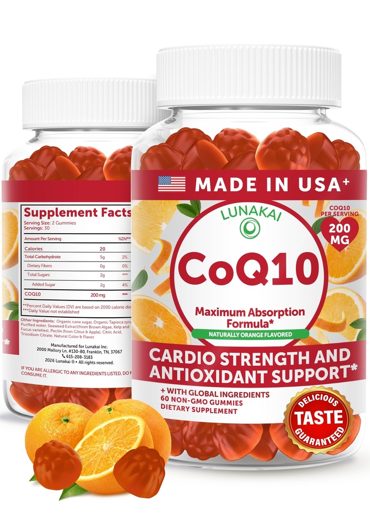 Lunakai USA는 성인을 위한 CoQ10 Gummies를 만들었습니다 – 200mg 여성 & 남자, 비 GMO, 60ct를 위한 매일 심장, 에너지 & 산화 방지제 지원을 위한 높은 Potency Coenzyme Q10 보충교재