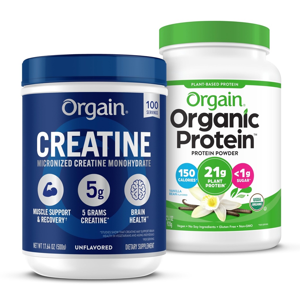 Orgain Creatine Monohydrate 분말 17.64 Oz (100 인분) & 유기 Vegan 바닐라 콩 단백질 분말 2.03 lb 번들 - 식물 기반 단백질 및 근육 지원