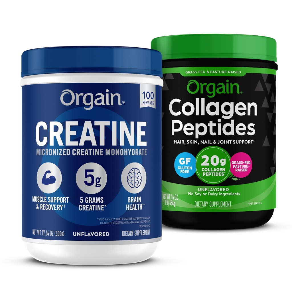 Orgain Creatine Monohydrate 분말 17.64 Oz (100 서빙) & 교원질 펩티드 분말 1lb (20g 잔디 페더럴 익스프레스) 뭉치 - 근육, 뇌, 피부 & 합동 지원을 위한 Unflavored, 비 GMO 보충교재