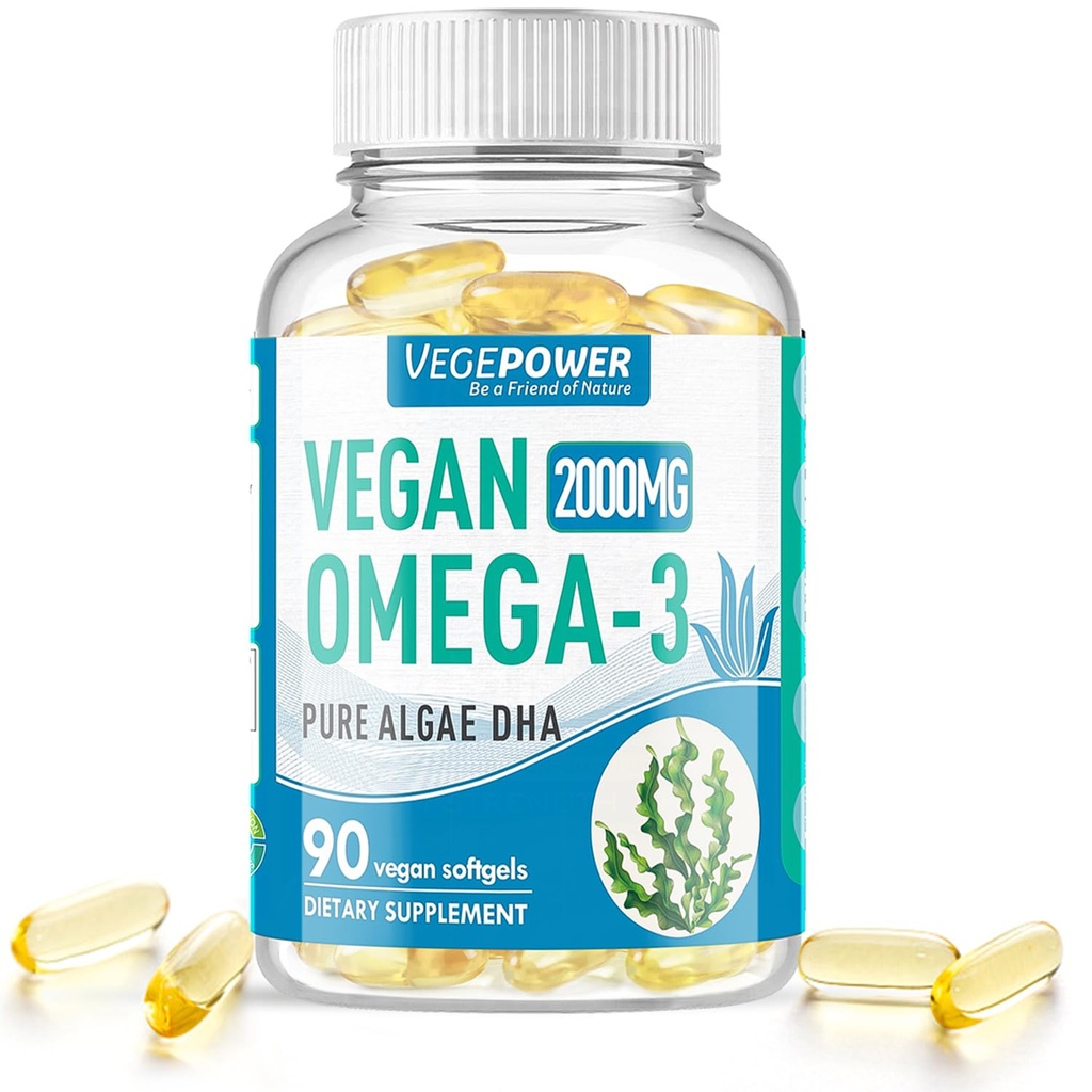 Vegan Omega-3 조류 DHA 보충제 - 2000mg 조류 오일, 식물 기반 Prenatal Algal DHA, 90 Carrageenan 무료 Softgels - 지속 가능한 물고기 오일 대체 지원 뇌, 심장, 눈, 관절 건강