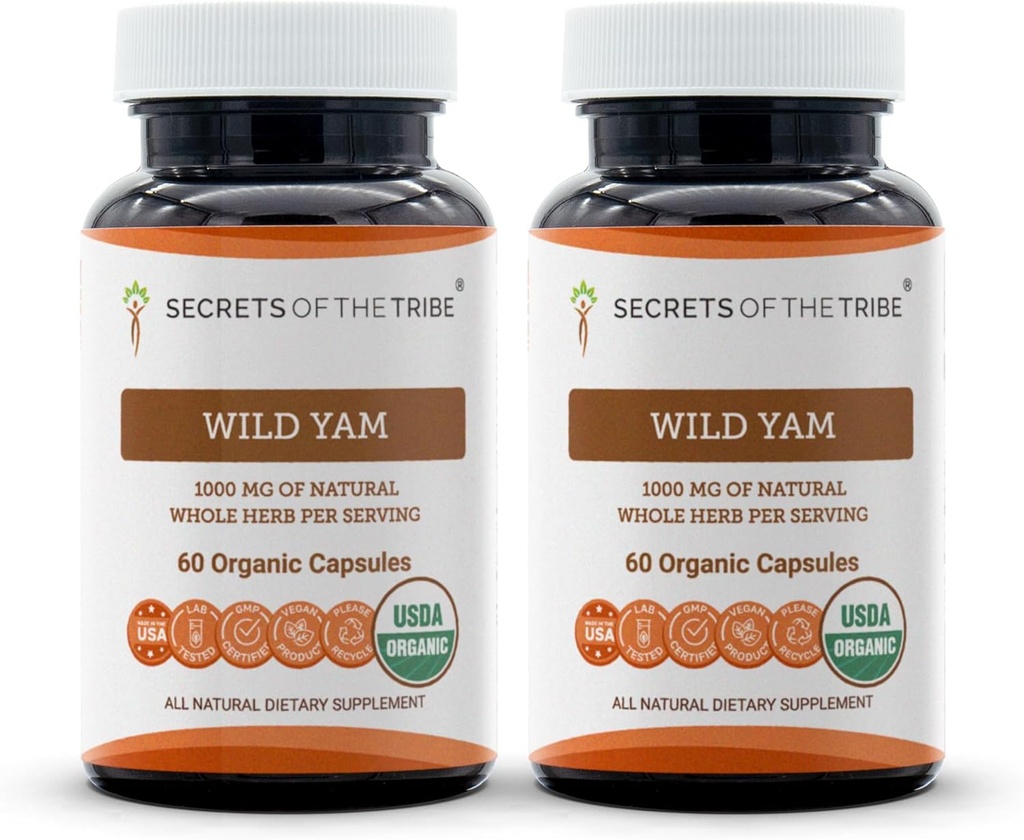 Tribe 야생 Yam 캡슐의 비밀 1000 mg 책임감있게 농업 USDA 유기 야생 Yam (Dioscorea Villosa) 말린 뿌리, 호르몬 지원 보충교재 (2x60 캡슐)