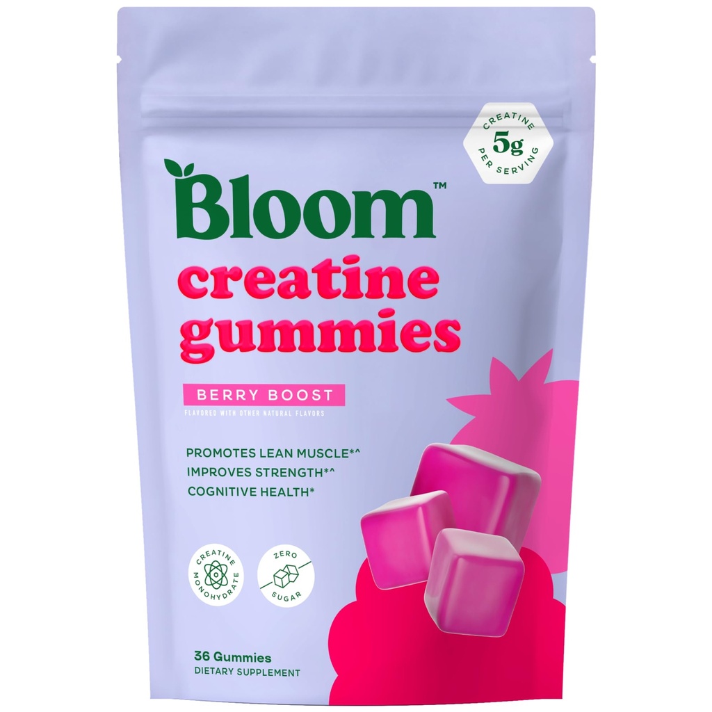 Bloom Creatine Monohydrate Gummies, 서빙 당 5g, 설탕 자유로운 Creatine Gummy for Workout, 힘, Cognitive 건강 & Lean 근육 지원, 글루텐 자유로운 & 비 GMO, 베리 Boost, 36 Gummies, 12 SVG