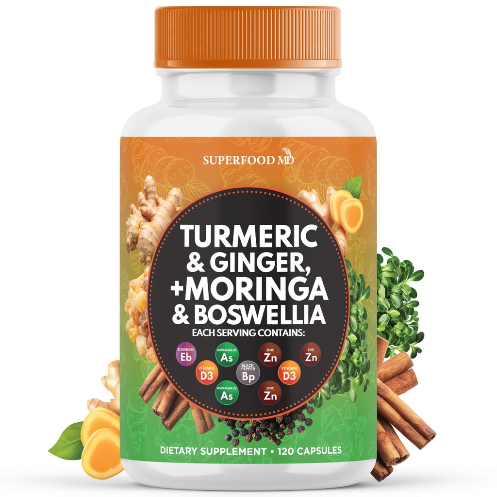 Turmeric Moringa Supplement | Ginger, Boswellia, Saffron, Ceylon Cinnamon, Quercetin, Tart Cherry- 120 카운트 여성과 남성을위한 Holy Basil- 합동 지원 보충교재