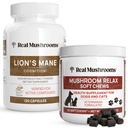 Real Mushrooms Lion의 Mane for Humans (120ct) & Mushroom Pet Relax Chews (60 Chews) - Cognition & Relaxation - Vegan, Non-GMO, Gluten-Free, Grain-Free 버섯 추출물 보충제