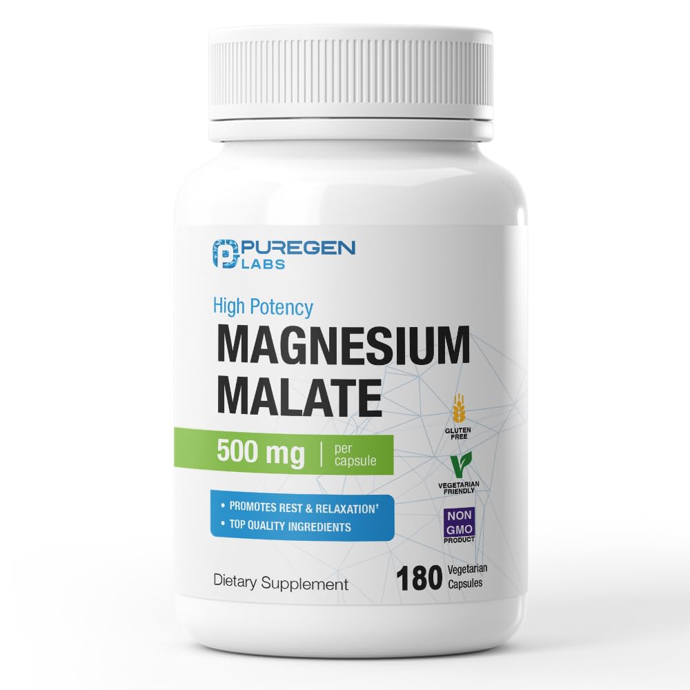 Puregen Labs 마그네슘 말레이트 500mg | 고기능성 원소 마그네슘 | 180 Veggie Caps, Superior Absorption, Non-GMO, NO Gluten 및 Dairy, 지원 근육, 관절 및 심장 건강
