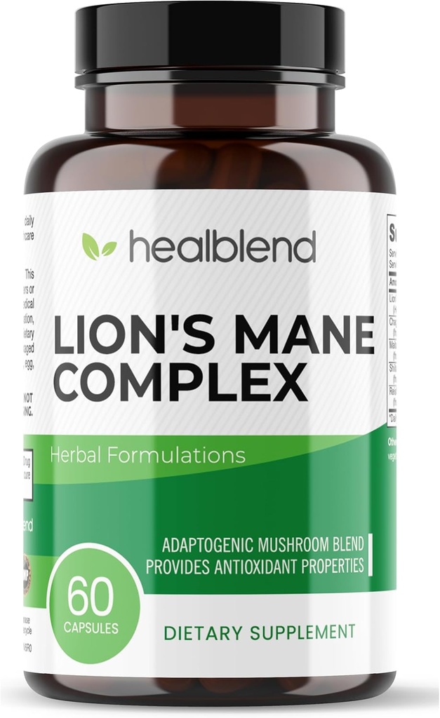 Lion 's Mane Fruiting Body가있는 버섯 복합 추출물 - 100 % 천연 및 효과적인 에너지 약 - 두뇌, 초점 보충, 자극 계류 및 창의력 - 60 면역 지원 캡슐