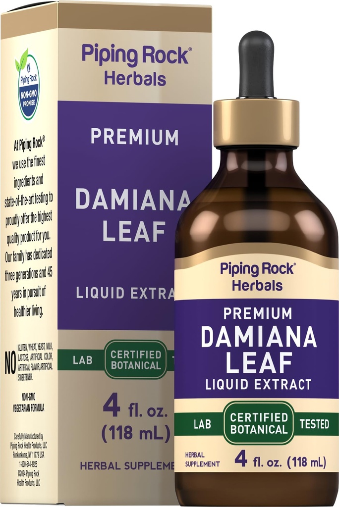 Piping Rock Damiana Leaf Herb Tincture | 4 fl oz | 액체 추출물 드롭 | 채식 및 알코올 무료 | 비 GMO, 글루텐 무료 보충