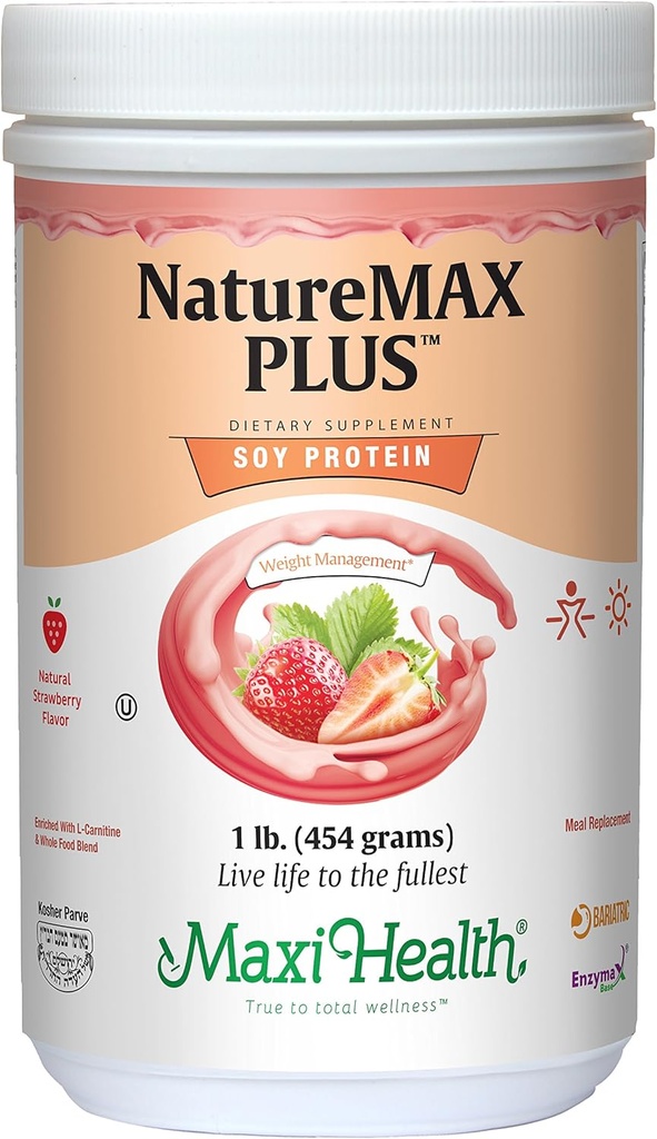 Maxi-Health NatureMAX PlusTM Energy Support Drink Soy Protein Powder - Sugar Free Diet Supplement - 20g Protein Per 서빙 - 자연적인 딸기 풍미 - 고저 비타민 - 1lb