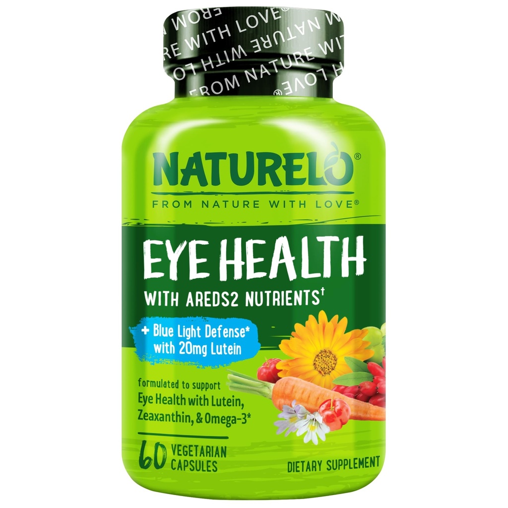NATURELO 눈 비타민 - Lutein, Zeaxanthin, 비타민 C, E, 아연, 플러스 DHA가있는 2 공식 영양소 - 건조한 눈, 건강한 시각, 눈 지원을위한 보충 - 60 Vegan 캡슐