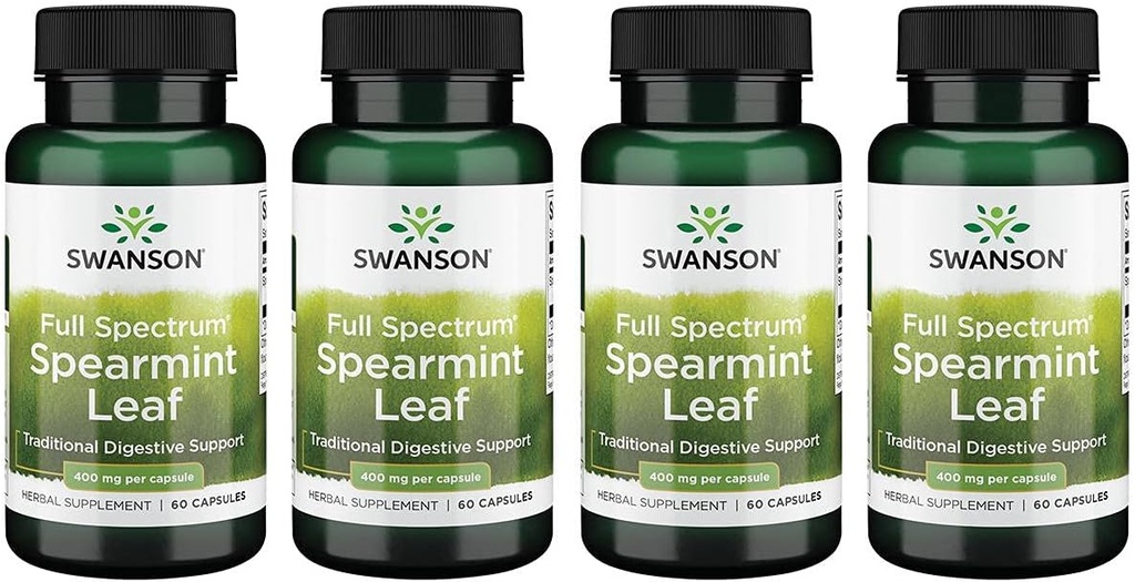 Swanson Spearmint 잎 (Mentha Spicata) - 전체 스펙트럼 초본 보충 소화 건강 '&' 밀드 Stomach 문제 - (60 캡슐, 400mg 각각) 4 팩