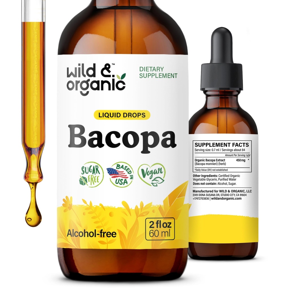 Wild & Organic Bacopa Tincture - Calm, Focus, Clarity - Bacopa Monnieri Supplement Liquid 지원 - Brahmi 추출물이있는 알코올없는 드롭 - Vegan, Sugar-Free - 2 개월 공급 - 2 fl oz