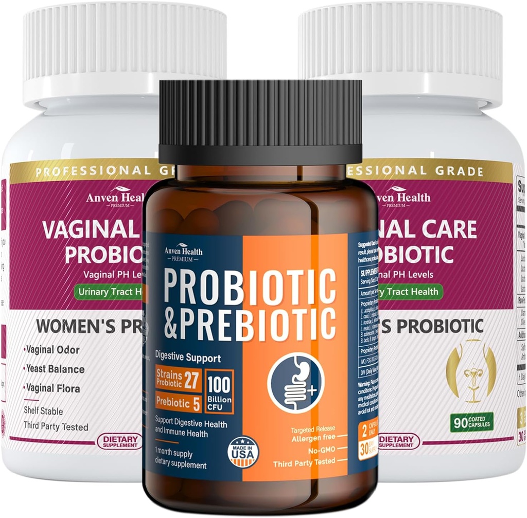여성 Vaginal Probiotics + 100억 Probiotics with Organic Prebiotics for Gut Digestive & Immune Health Bundle – Total Wellness, Inside and Out!