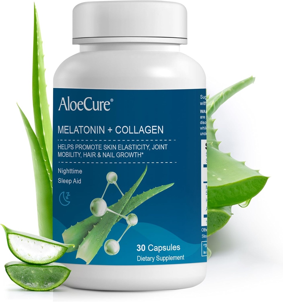 AloeCure 자연적인 Melatonin + 유기 알로에 Vera를 가진 교원질 - 낭만적인 밤을 위한 자연적인 수면 보조 보충교재 - 합동 힘, 피부 탄력성, 머리 & 못 성장, 30의 캡슐을 위한 교원질 복합체