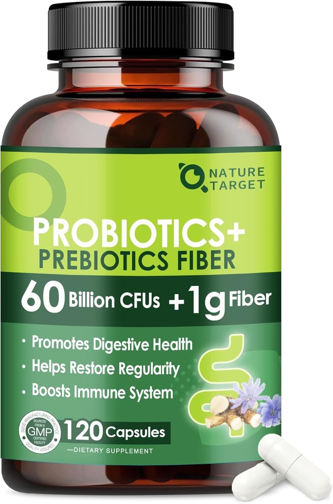 Probiotics for Women & Men Digestive Health with Prebiotic Fiber - 일반 및 Gut Cleanse 60 억 Probiotics와 섬유 보충 - Occasional Constipation 지원 - 120 Veggie 캡슐