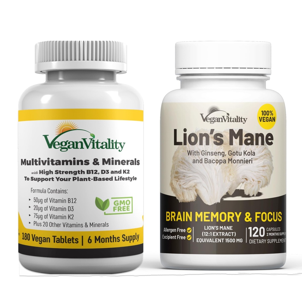 Vegan Vitality 두뇌 영양 번들 - 사자 Mane Nootropic 캡슐과 Vegan Multivitamins. Vegans와 Vegetarians를 위한 기억과 초점 및 전반적인 건강을 위한 고강도 식물 기초를 두는 보충교재