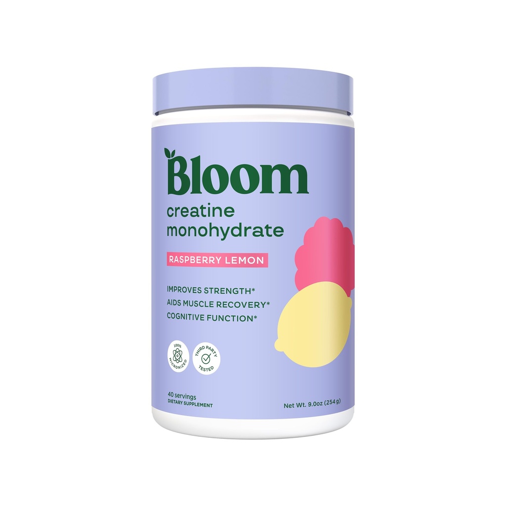Bloom Nutrition Creatine Monohydrate Powder, 5g Micronized Creatine, 근육 회복, 힘, 내구시간, 사전 또는 포스트 운동, 글루텐 무료, 비 GMO, 라즈베리 레몬, 40 SVG, 9 oz