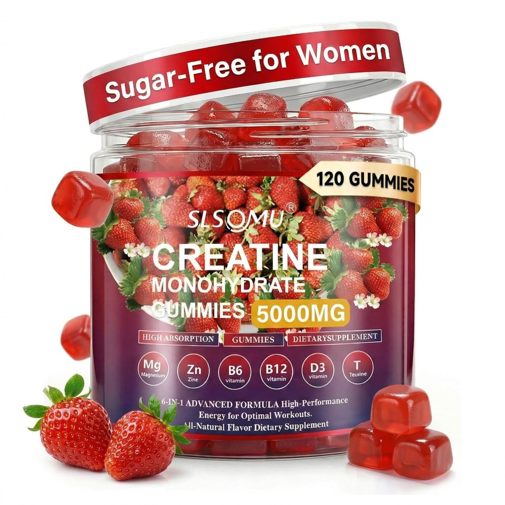 여성, 5000mg 전 운동 근육 힘 & 에너지 지원을 위한 Creatine Gummies, L-Taurine, 아연, B12 B6, 딸기 풍미, Vegan - 120 Gummies를 가진 0 설탕 Creatine Gummy
