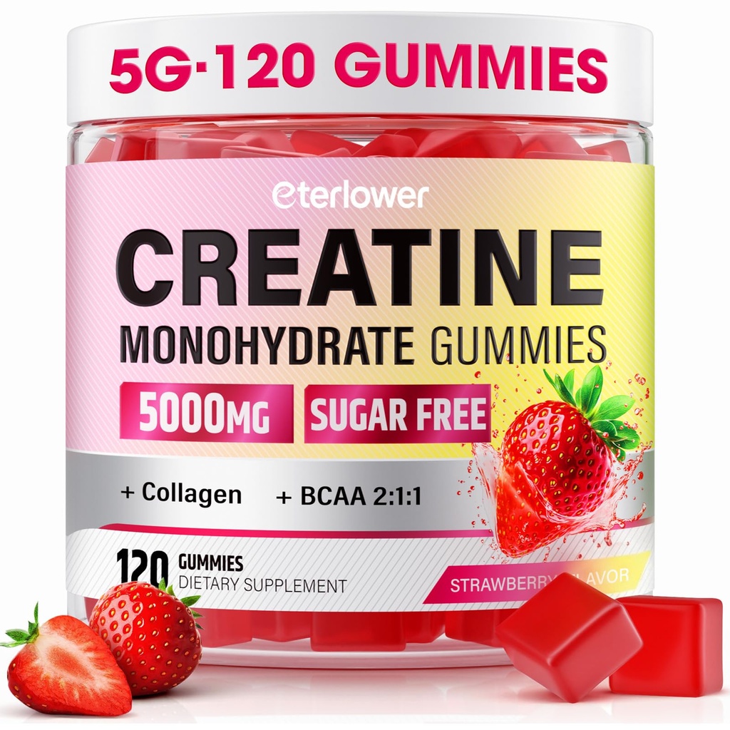 Creatine Monohydrate Gummies, 여자 & 남자를 위한 5g Creatine Gummies.Pre-Workout & 근육 성장 지원, 포함합니다 BCAA, 교원질, 설탕 자유로운, 120 조사