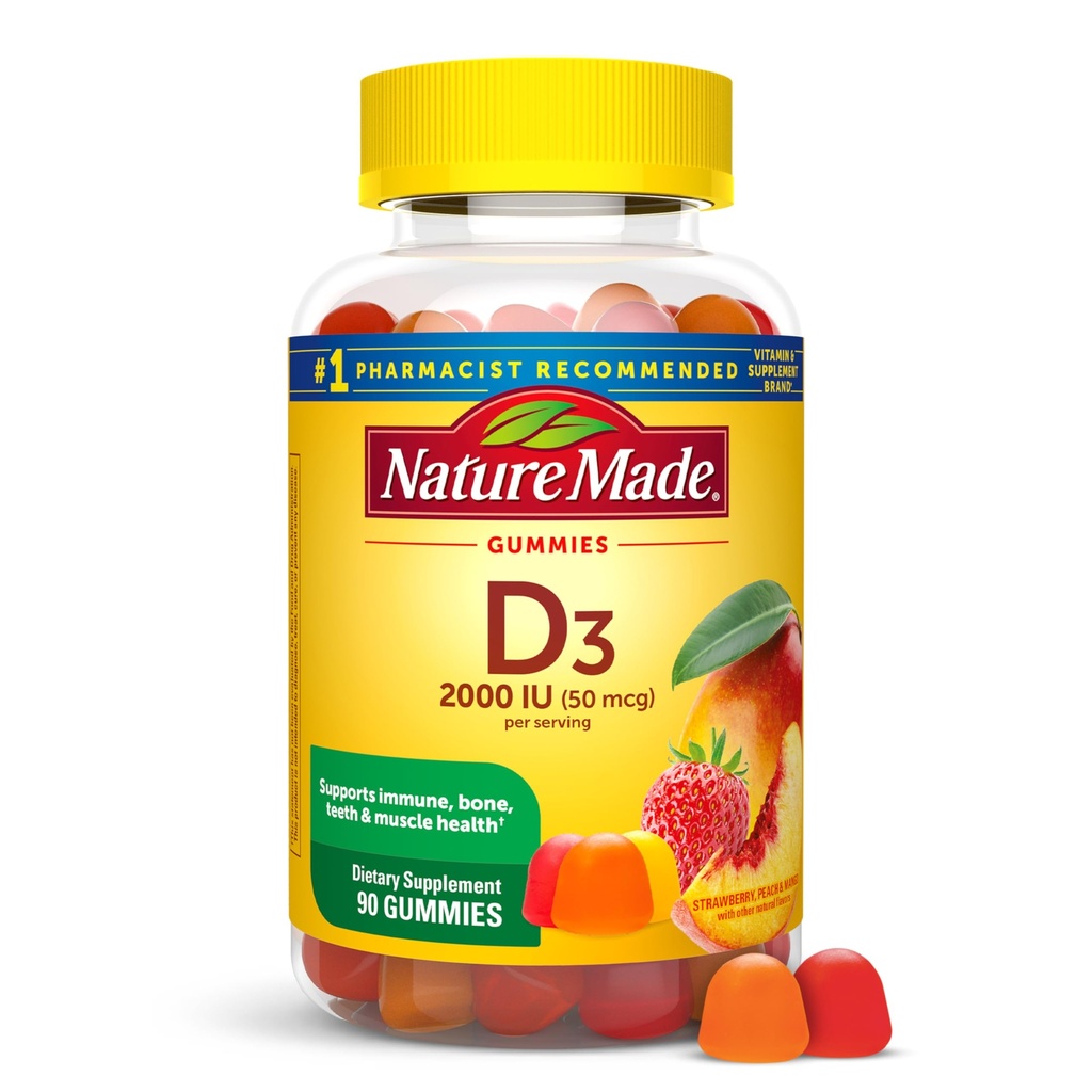 Nature Made Vitamin D3 2000 IU Per 서빙 구미, 뼈, 치아, 근육 및 면역 건강 지원, 45 일 공급, 90 성인을위한 비타민 D Gummies