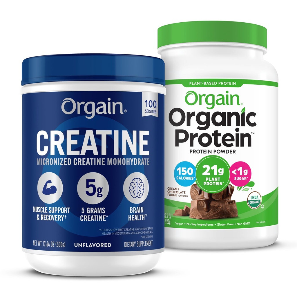 Orgain Creatine Monohydrate 분말 (17.64 Oz, 100 서빙) & 유기 Vegan 초콜릿 판자 단백질 분말 (2.03 lb) 번들 - 식물 기반 단백질 및 근육 지원
