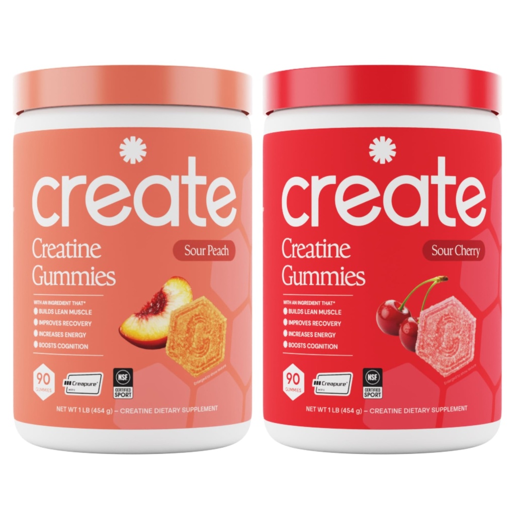 Creatine Monohydrate Gummies - Peach Pump Duo - Sour Peach & Sour Cherry - 여성 및 남성, NSF 인증, 3rd Party Tested, Anti-Melting Formula, 180 Count (2-Pack)에 대한 크레아틴 Gummies