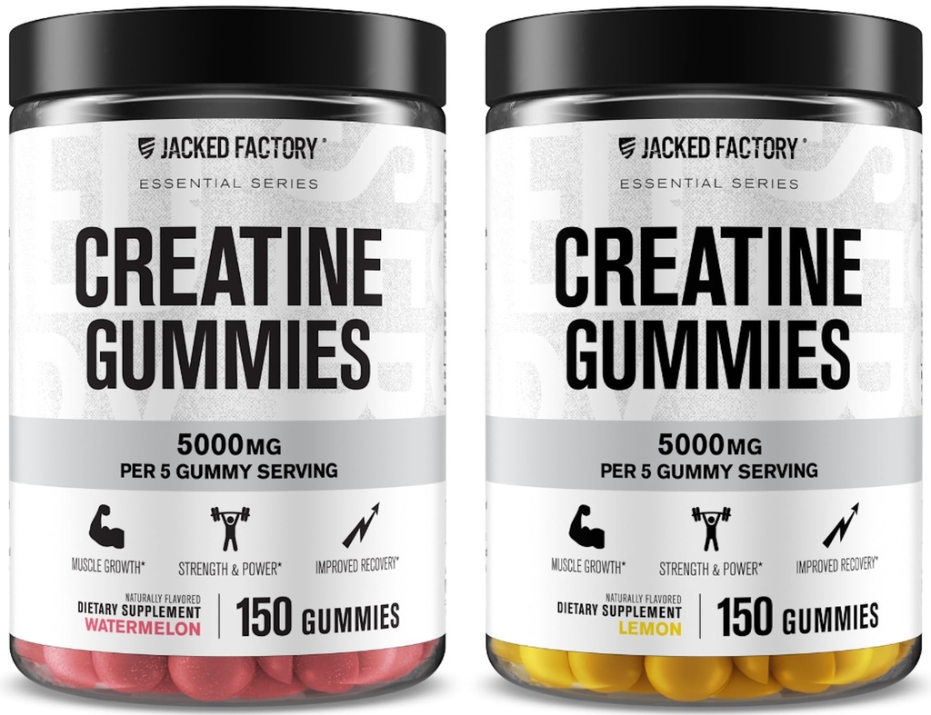 Jacked Factory Creatine Monohydrate Gummies 5g Daily Dose (1g 당 Gummy) - 남성과 여성, Vegan-Friendly, 여행 - 친구, 세 번째 파트 테스트 - 150 Gummies, 수박 & 레몬