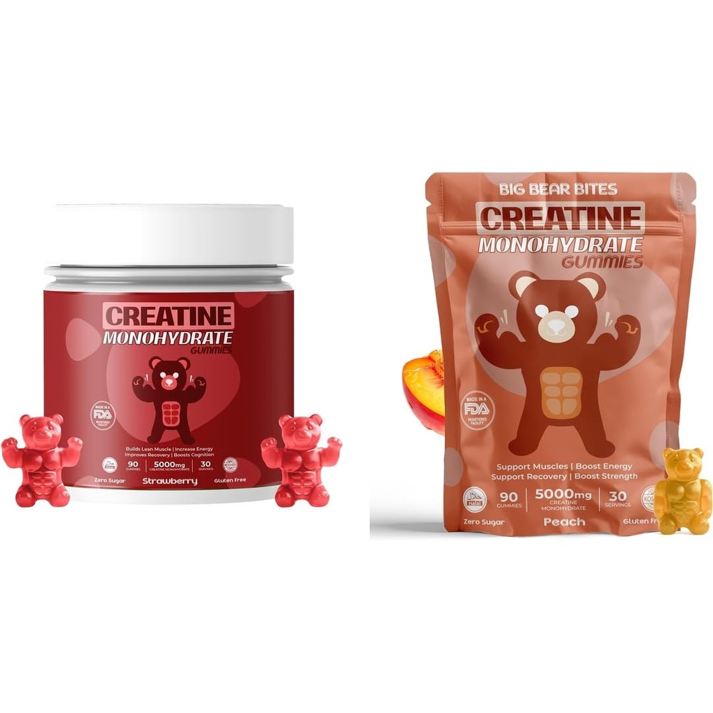 크레아틴 Monohydrate Gummies 번들 – Strawberry & Peach | 5000mg Per 서빙 | 슈가프리, 글루텐 프리 & 할랄 | 180 Gummies Total (2 x 90 Count) | 남성용