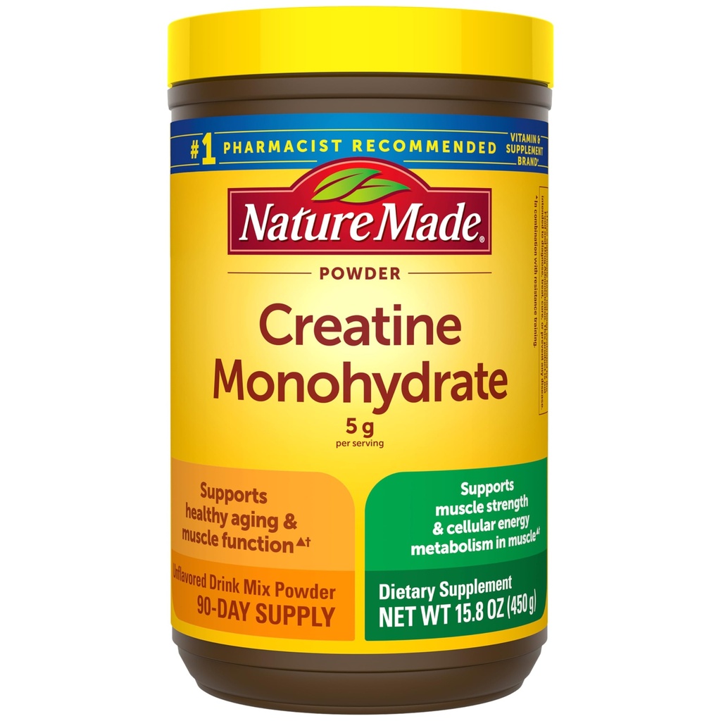 Nature Made Micronized Creatine Monohydrate Powder 5g, Unflavored Drink Mix Powder, 근육 지원, 450g, 90 일 공급