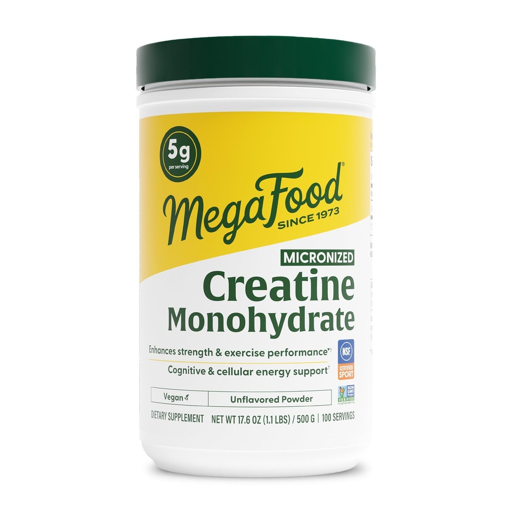 MegaFood Micronized Creatine Monohydrate Powder - 남성 및 여성을위한 Unflavored Post & Pre Workout Powder -인지 및 운동 성능 지원 - 스포츠 500 그램, 100 서빙에 대한 NSF 인증