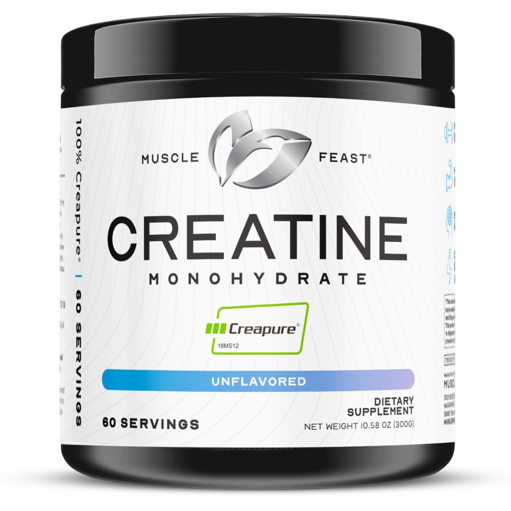 근육 Feast Creapure 크레아틴 Monohydrate 분말, Vegan Keto 친절한 글루텐 자유로운, 근육 회복 보충교재 및 근육 성장, 크레아틴 분말, Unflavored, 300g를 위한 믿을 수 있는 크레아틴